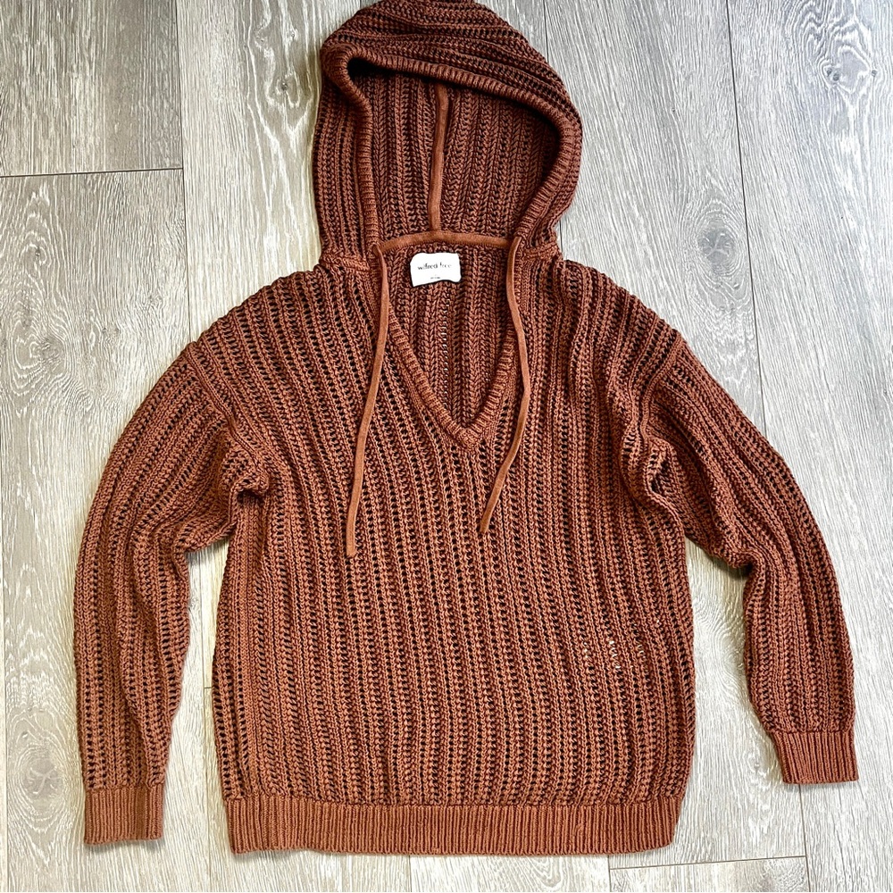 Wilfred Free Aritzia Cardan Hoodie Open Knit Sweater Soft Brown Pullover